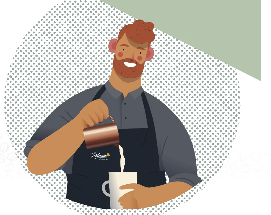 Ilustração do mestre barista servindo café no avental Petunia